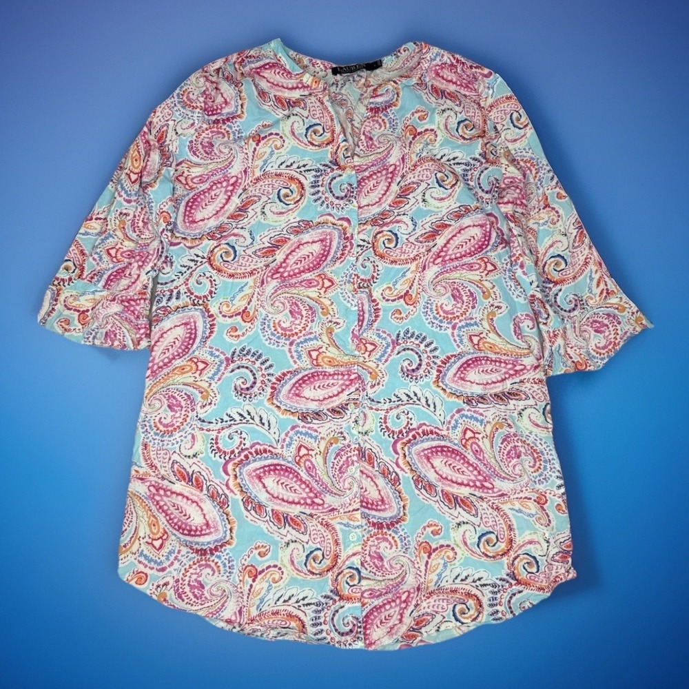 Lauren Ralph Lauren Top Women L Paisley Cotton V Neck Blouse‎ Pink Blue Preppy